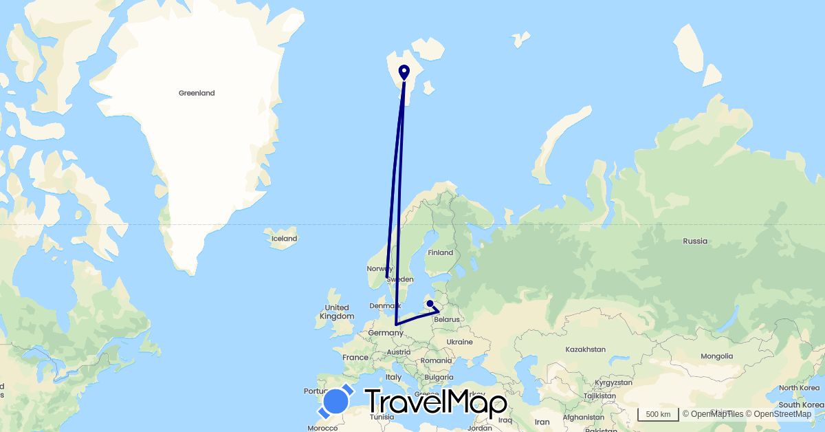 TravelMap itinerary: driving in Germany, Denmark, Lithuania, Norway (Europe)